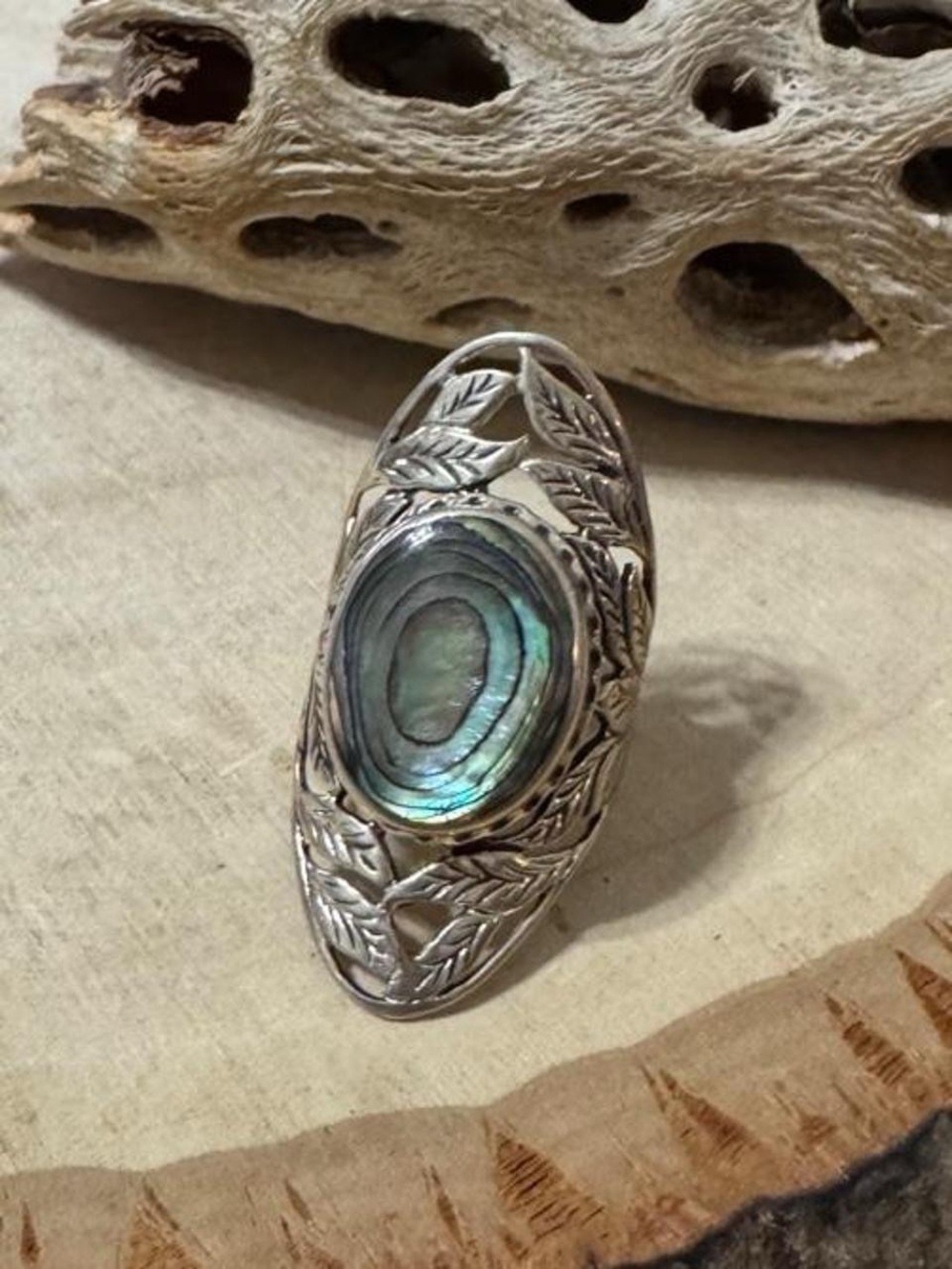 925 Sterling Silver Abalone Filigree Intricate Leaf Ring Size 6